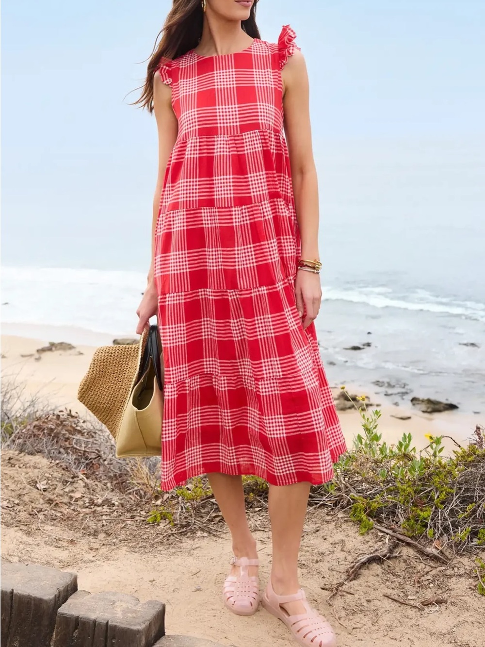 Avara Boutique Red Plaid Flutter Sleeve Midi Dress Large NWT $112 100% Cotton